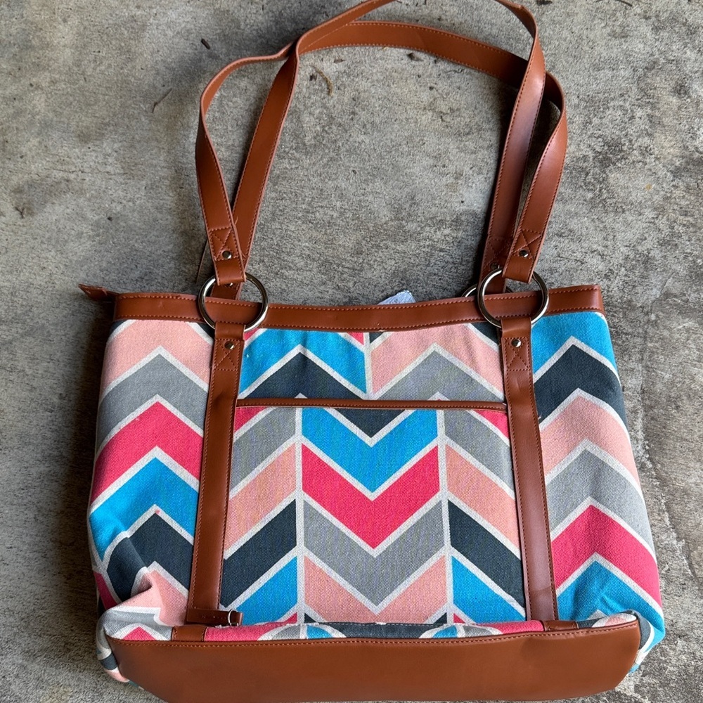 Chevron Canvas Tote Bag with Brown Trim - Multicolor - Picture 4 of 5